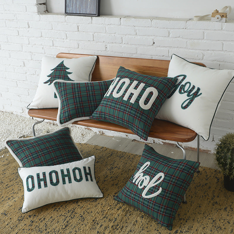 Cotton mix Canvas Christmas Green Plaid Pillow Cover