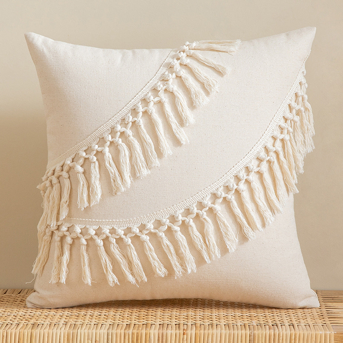Cotton Beige Tassel Cushion Cover