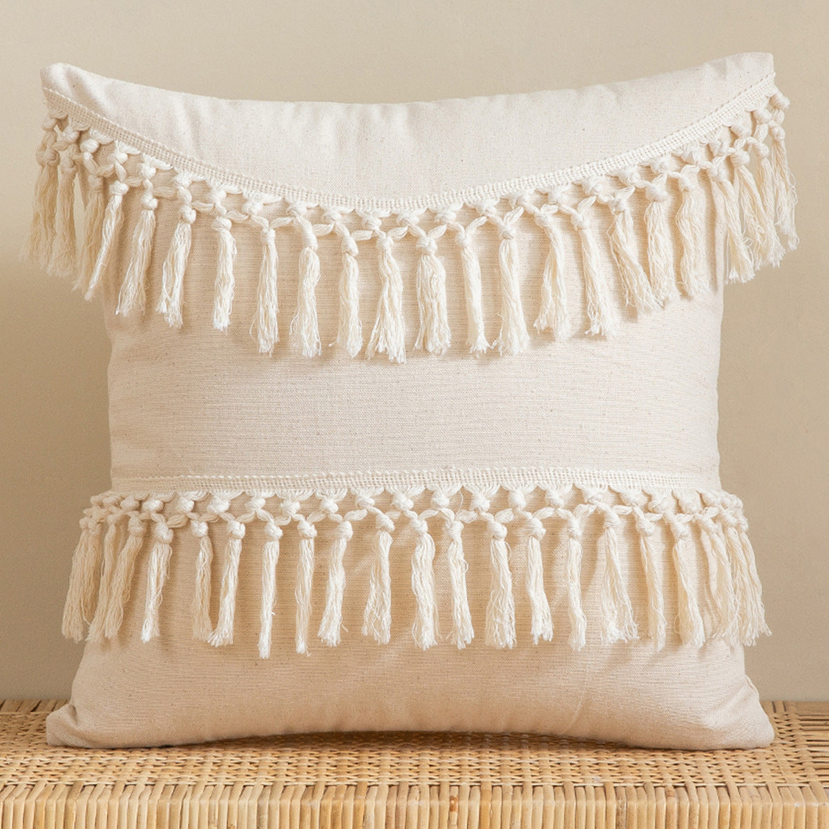 Cotton Beige Tassel Cushion Cover
