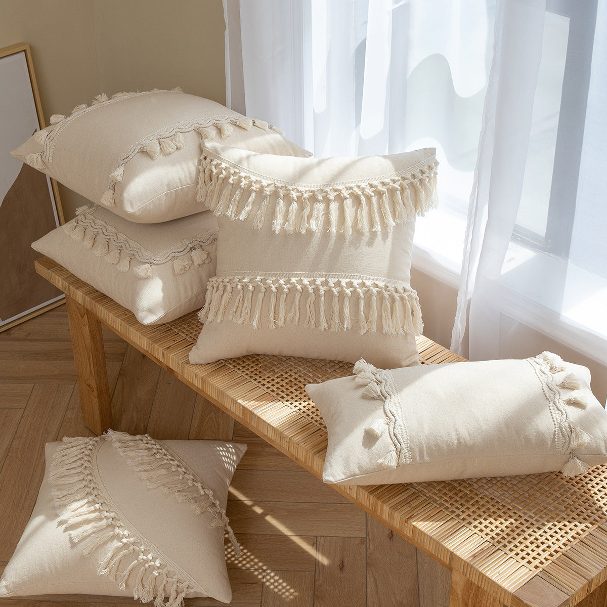 Cotton Beige Tassel Cushion Cover