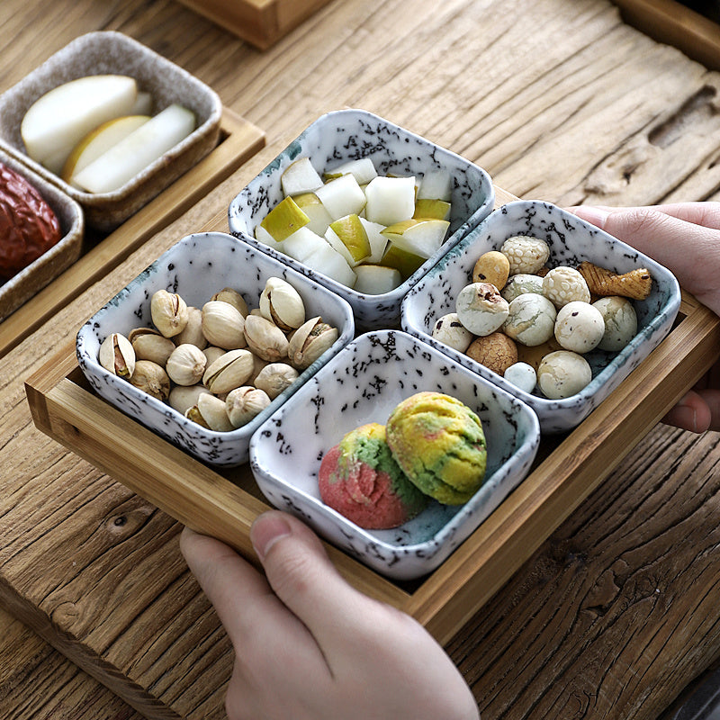 Japanese-style Ceramic Plates with Bamboo Serving Tray