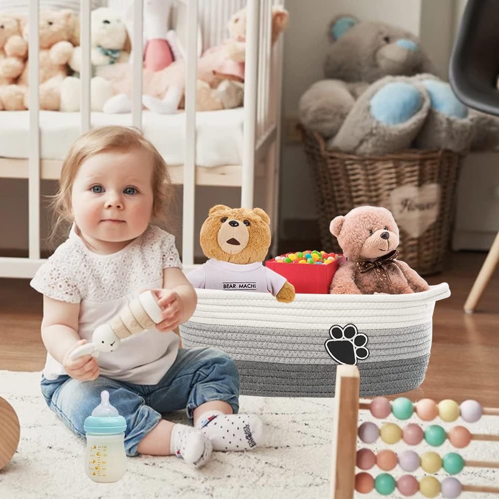 Small Woven Baskets For Organizing Rope Storage Basket With Handle Cute Cotton Nursery Gift Dog Toy Bins Organizer-Light Beige