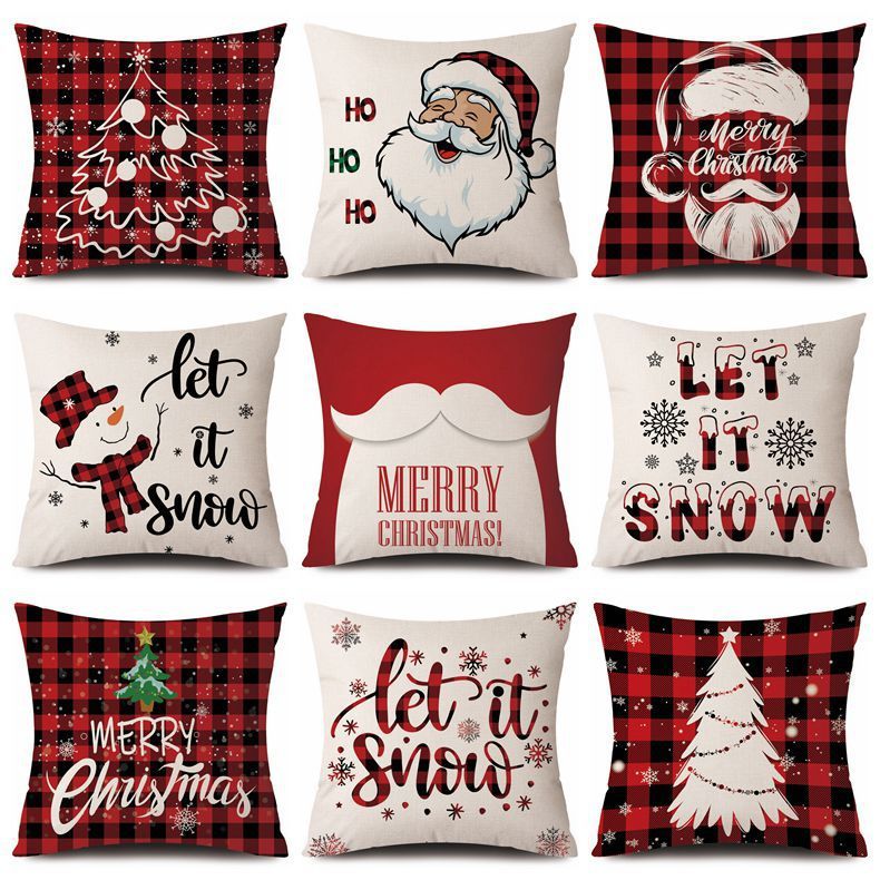 Christmas Red Plaid Pattern Cotton Linen Cushion Cover