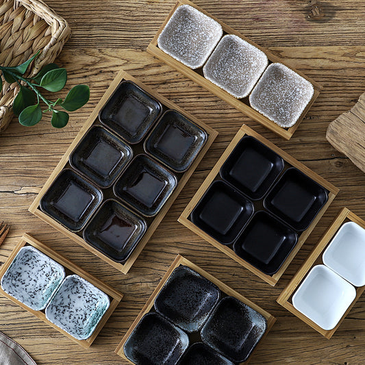 Japanese-style Ceramic Plates with Bamboo Serving Tray