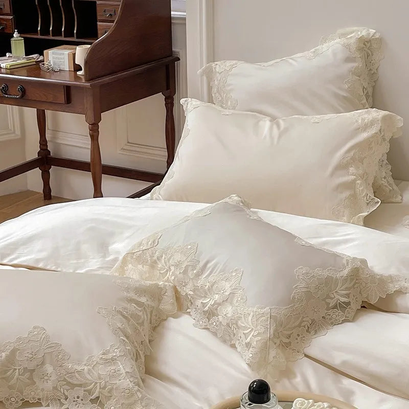 France : 4 piece Bedding Set Romantic Wedding Chic White Lace 1000TC Egyptian Cotton Ultra Soft Duvet Cover Bed Sheet Pillowcases