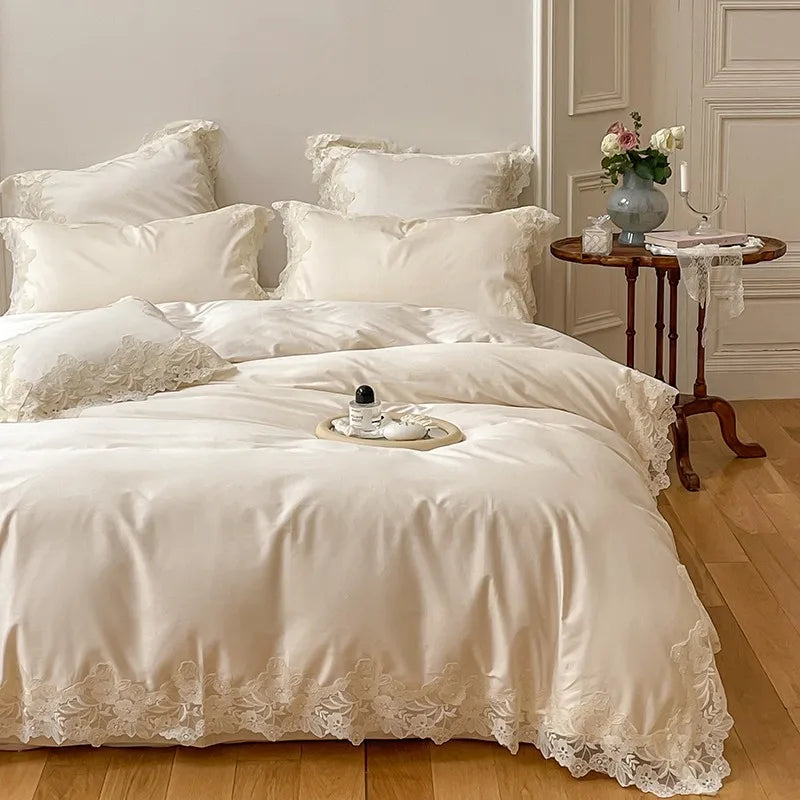 France : 4 piece Bedding Set Romantic Wedding Chic White Lace 1000TC Egyptian Cotton Ultra Soft Duvet Cover Bed Sheet Pillowcases