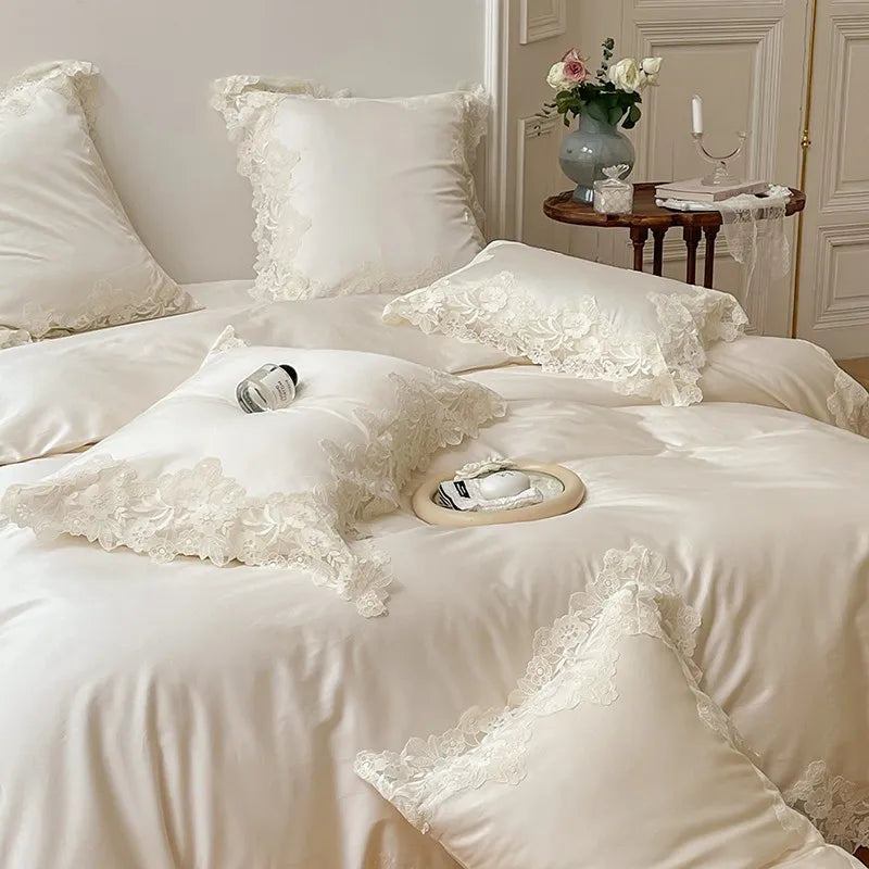 France : 4 piece Bedding Set Romantic Wedding Chic White Lace 1000TC Egyptian Cotton Ultra Soft Duvet Cover Bed Sheet Pillowcases