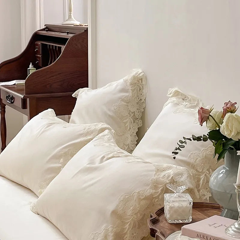 France : 4 piece Bedding Set Romantic Wedding Chic White Lace 1000TC Egyptian Cotton Ultra Soft Duvet Cover Bed Sheet Pillowcases