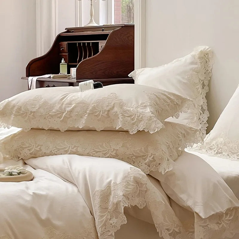 France : 4 piece Bedding Set Romantic Wedding Chic White Lace 1000TC Egyptian Cotton Ultra Soft Duvet Cover Bed Sheet Pillowcases