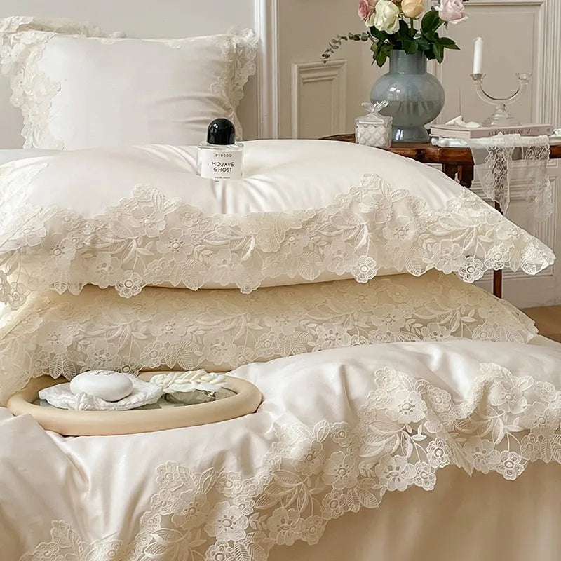 France : 4 piece Bedding Set Romantic Wedding Chic White Lace 1000TC Egyptian Cotton Ultra Soft Duvet Cover Bed Sheet Pillowcases