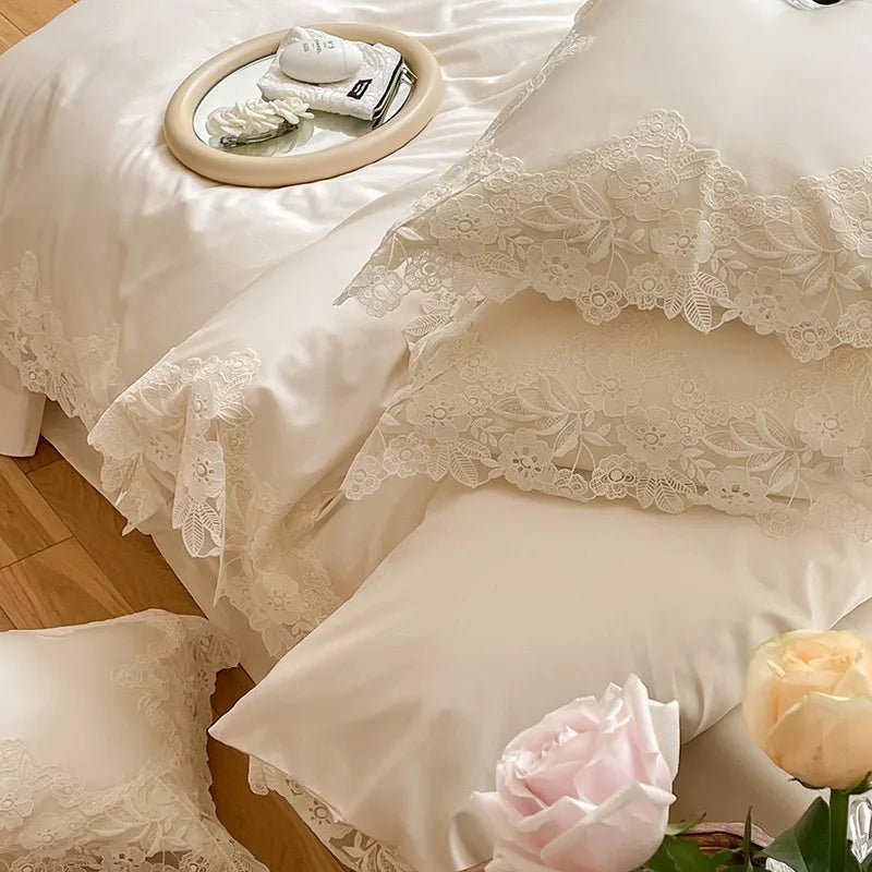 France : 4 piece Bedding Set Romantic Wedding Chic White Lace 1000TC Egyptian Cotton Ultra Soft Duvet Cover Bed Sheet Pillowcases