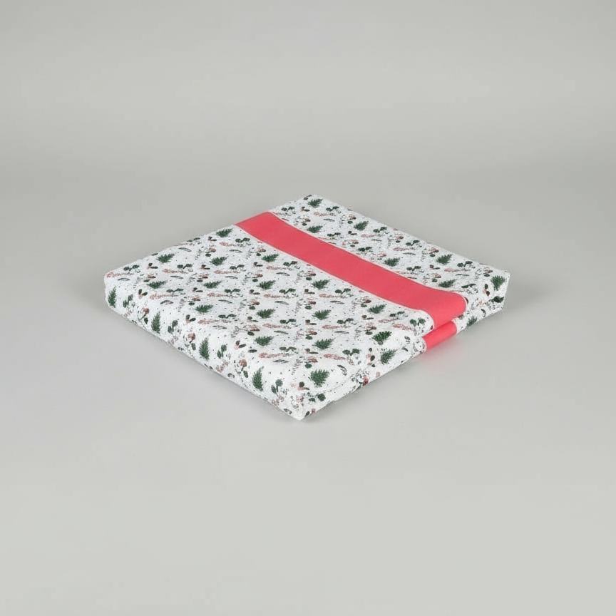 Floral-patterned fabric with a red strip on a gray background