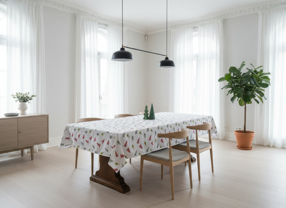 Dining table with a Christmas-themed tablecloth and small decorative trees.