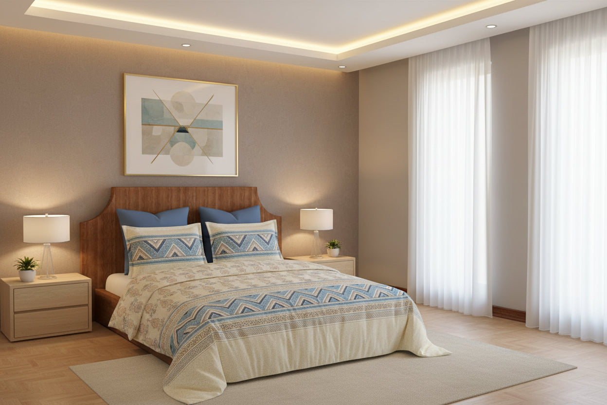 Bed with blue and beige patterned bedding and pillows.