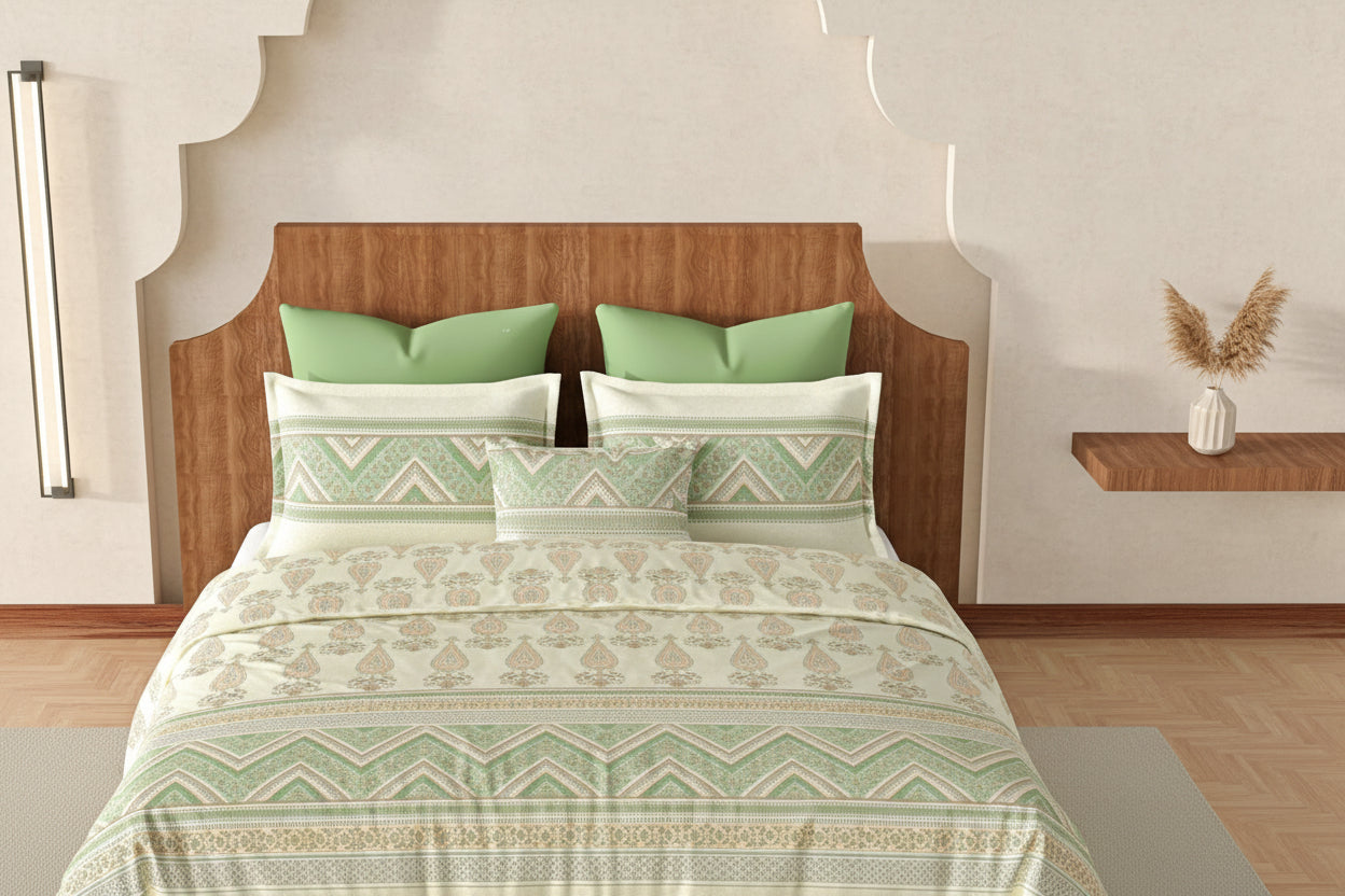 Bed with green and white patterned bedding and pillows.